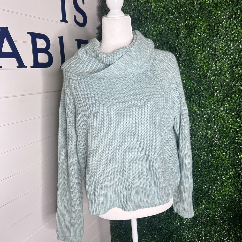 Cozy Mint Cowl Neck Ribbed Sweater - Picture 1 of 3